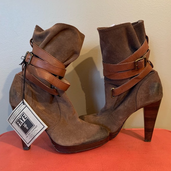Frye Harlow Multi Strap distressed look high heel boot with stacked heel. - Picture 1 of 7